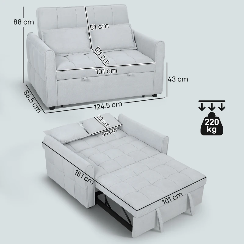 HOMCOM 2 Seater Sofa Bed, 3-in-1 Convertible Sleeper Sofa with Click-clack Adjustable Backrest and 2 Pillows, Light Grey