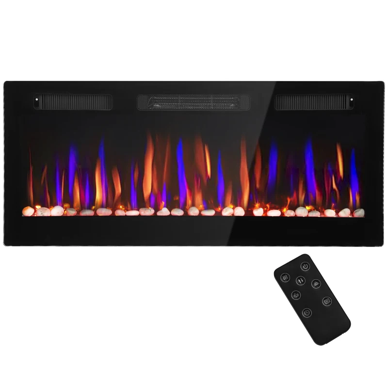 HOMCOM Chimenea Eléctrica Pared Empotrable Ultrafina con Llama 3D Brillo/Velocidad Ajustable y 12 Colores Guijarros 900/1800W