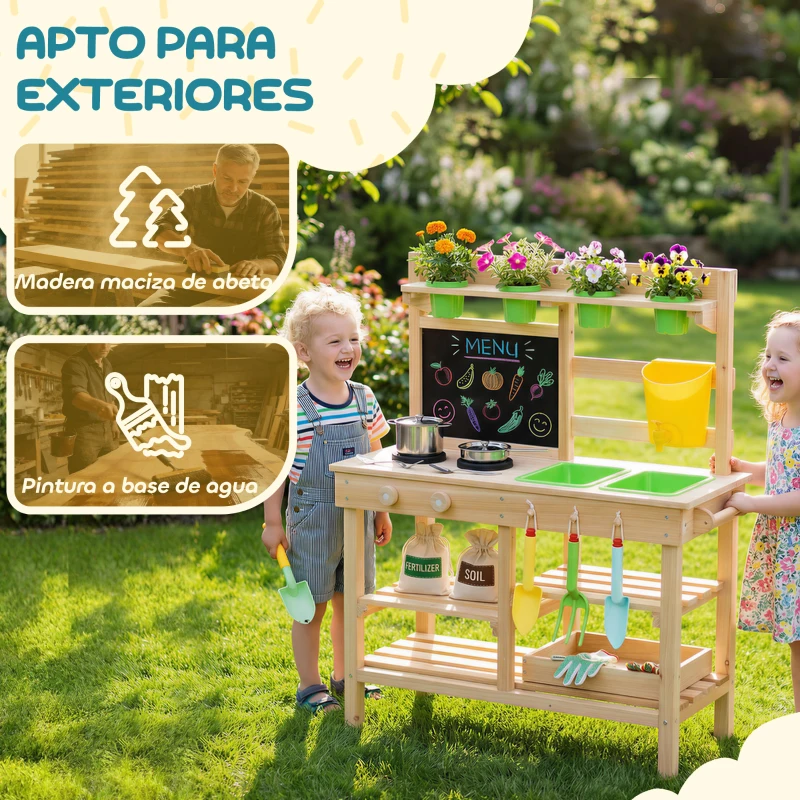 AIYAPLAY Cocina de Juguete Exterior de Madera con Macetas Fregaderos Grifo Utensilios de Acero Inoxidable Natural