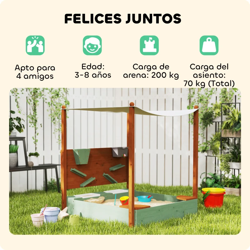 AIYAPLAY Arenero para Niños de Madera con Techo Arenero Infantil con 2 Asientos 2 Cajas Grifo Embudo 116x112,5x128 cm Verde