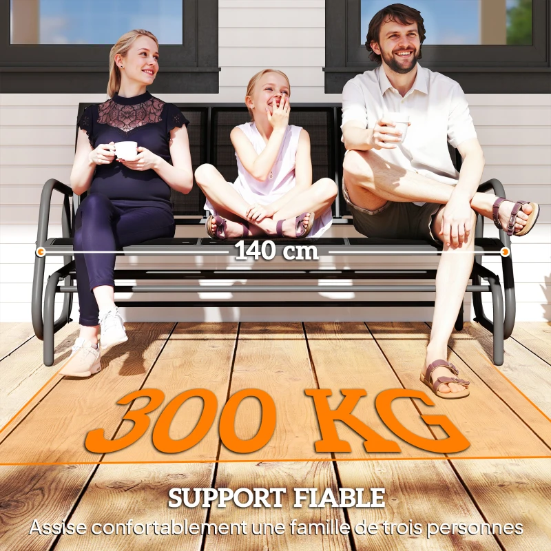 Outsunny Banc à Bascule de Jardin 3 Places Design Contemporain Grand Confort accoudoirs Assise et Dossier Ergonomique Acier textilène Noir