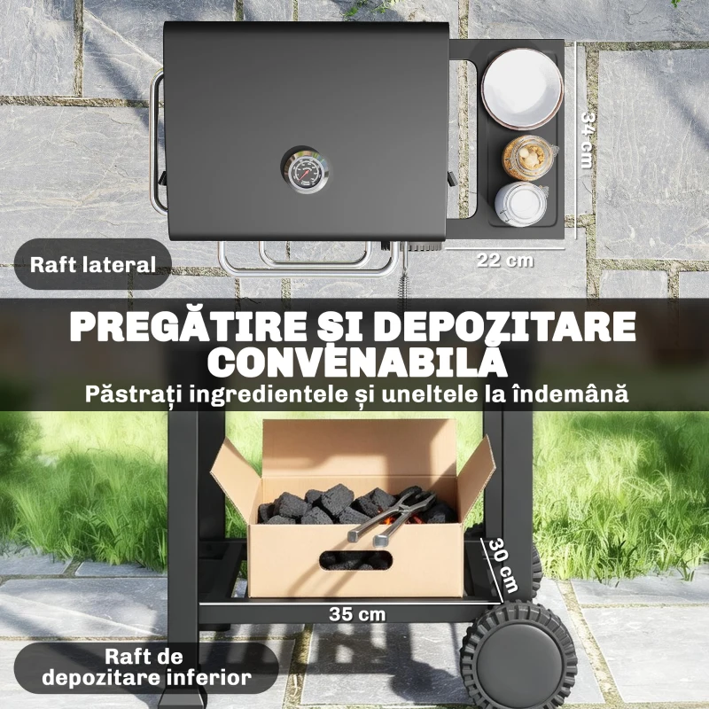 Outsunny Grătar pe Cărbune cu Termometru pentru Terasă și Grădină, Negru
