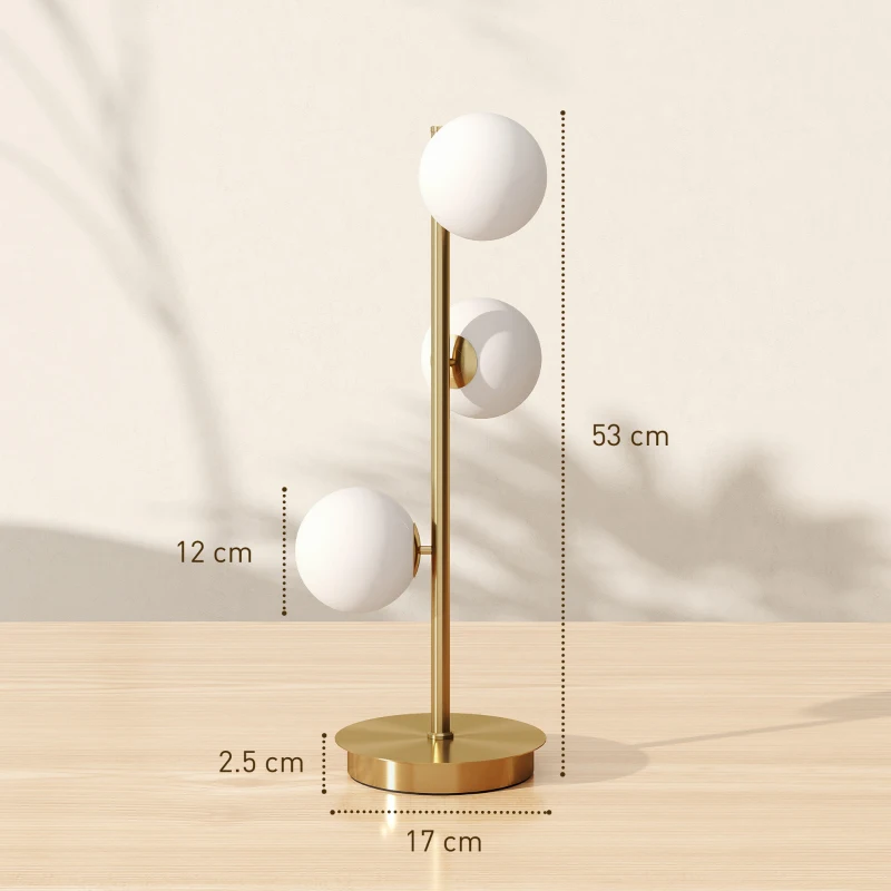 HOMCOM Lampă de noptieră cu 3 abajururi tip glob, lampă de masă modernă cu bază din oțel și socluri G9, 53H cm, nuanță alamă