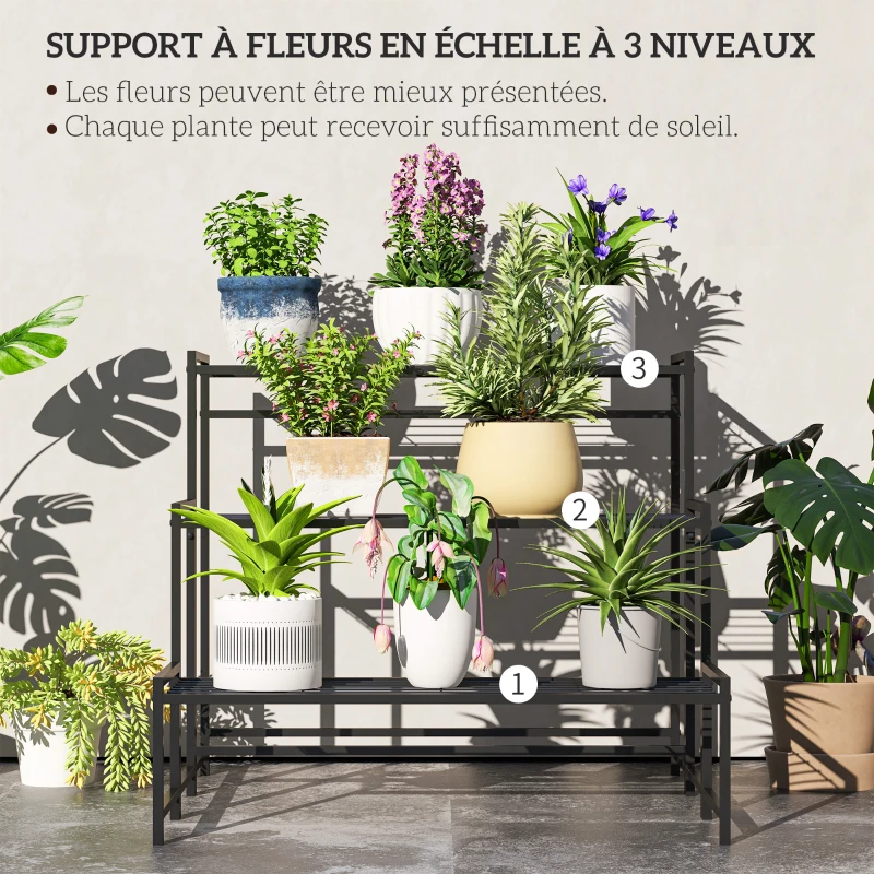 Outsunny Étagère à Fleurs en métal 3 Niveaux Intérieur et Extérieur, support de plantes en échelle, 75 x 70 x 66 cm, Noir