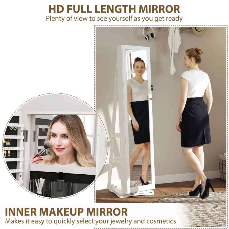 HOMCOM 360° Swivel Jewellery Cabinet, Free Standing Full Length Mirror with Storage, Lockable Jewellery Organiser with Built-in Makeup Mirror and Storage Shelves for Bedroom, White