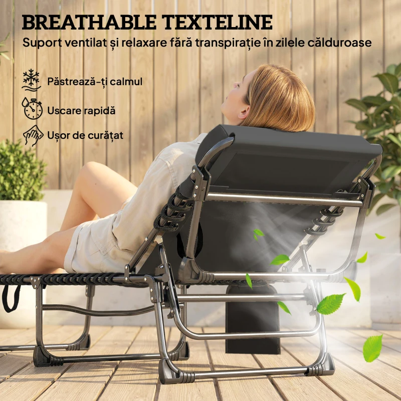 Outsunny Set de 2 Șezlonguri de Grădină Pliabile, Reglabile pe 5 Niveluri, cu Perne, Șezlonguri Textilenă cu Buzunar Lateral, Mâner, pentru Plajă, Piscină, 57x200x38 cm, Negru