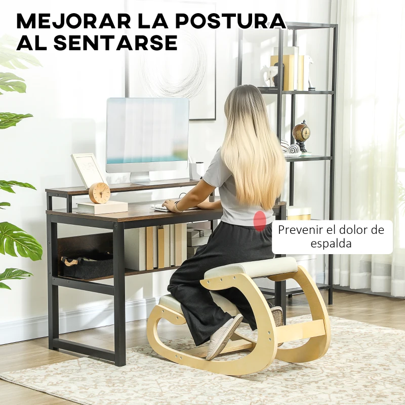 HOMCOM Silla Ergonómica de Rodillas Silla de Rodillas de Madera Taburete Ergonómico Cojín Acolchado 55x85x55 cm Crema
