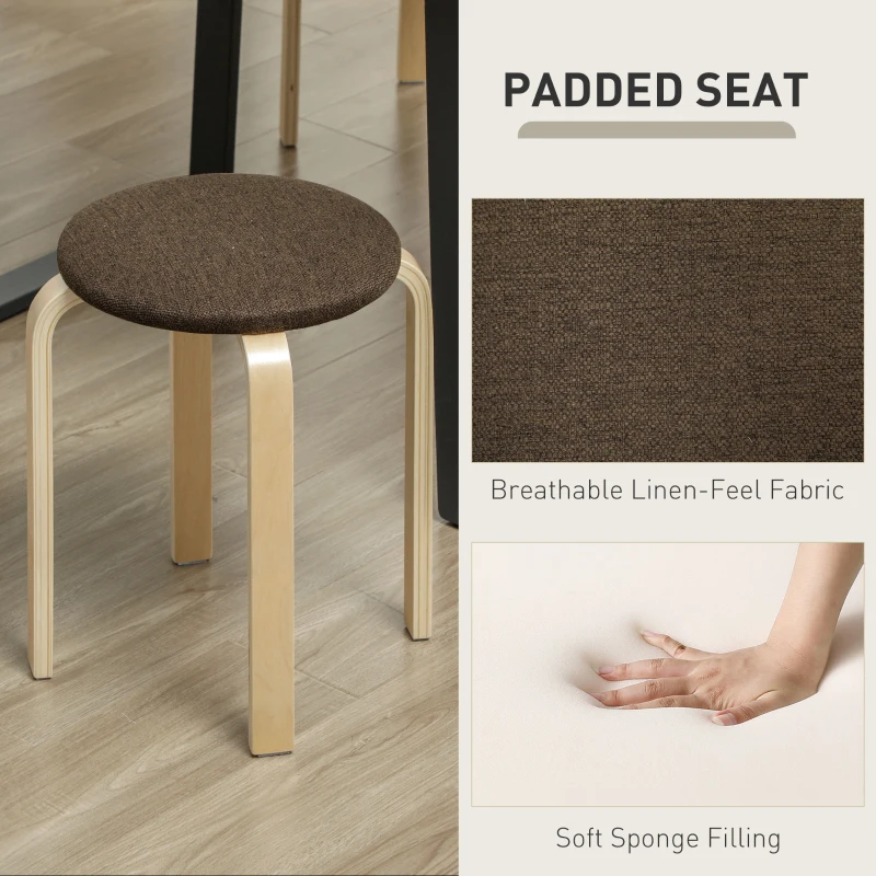 HOMCOM Tapicerowane taborety w zestawie 4, sztaplowane, lakierowane, drewniane nogi, brązowe