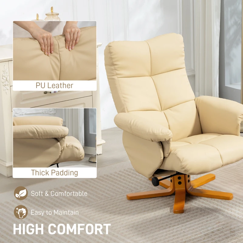 HOMCOM PU Leather Swivel Recliner Chair with Footstool, Wooden Base and Storage for Living Room, Beige