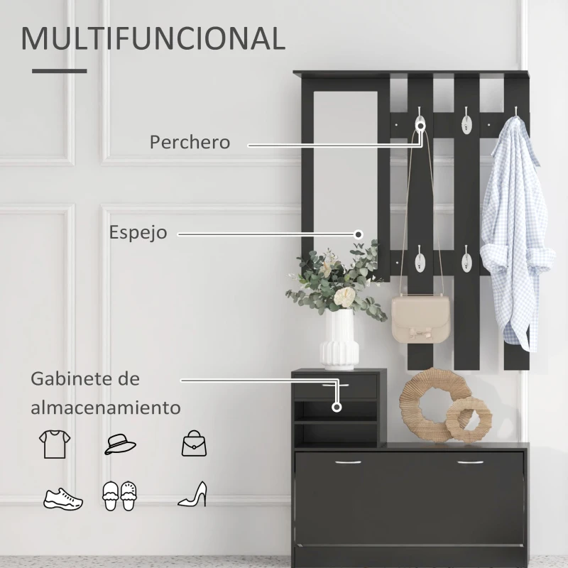HOMCOM Conjunto de Recibidor de Entrada con Espejo Perchero y Zapatero Muebles de Recibidor de 2 Piezas con 6 Ganchos Negro