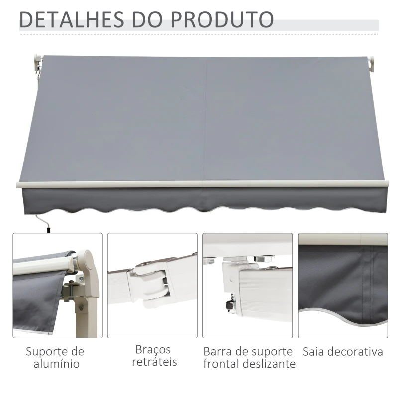Outsunny Toldo Manual Retrátil 395x245 cm Toldo para Varanda com Manivela Anti-UV Estrutura de Alumínio para Jardim Janelas Cinzento