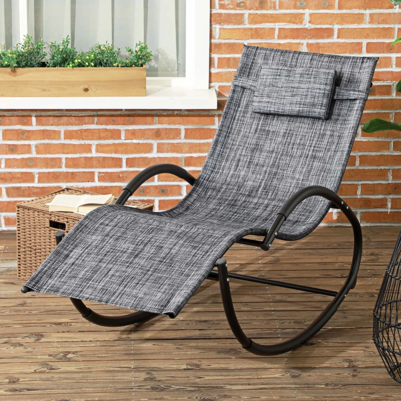 Outsunny Chaise longue à bascule avec tétière utilisation extérieure intérieure gris chiné