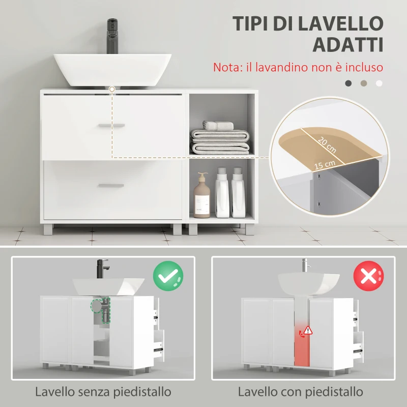 HOMCOM Mobile Sottolavabo Bagno con 2 Cassetti e Ripiani Aperti, in Legno, 90x30x60 cm, Bianco