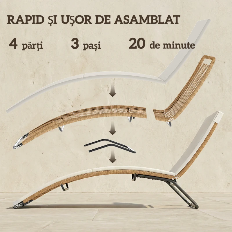 Outsunny Șezlong Prendisole din Ratan în Formă S cu Pernă, Șezlong de Grădină cu Cadru din Oțel, pentru Terasă, Plajă, Piscină, Grădină, 175x57x80cm, Crem