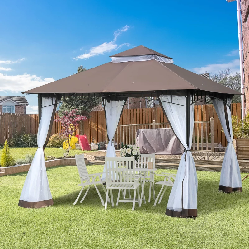 Outsunny Tonnlle de jardin Barnum Pavillion de jardin 3 x 3 Double Toit avec moustiquaires Amovibles  imperméable chocolat et blanc