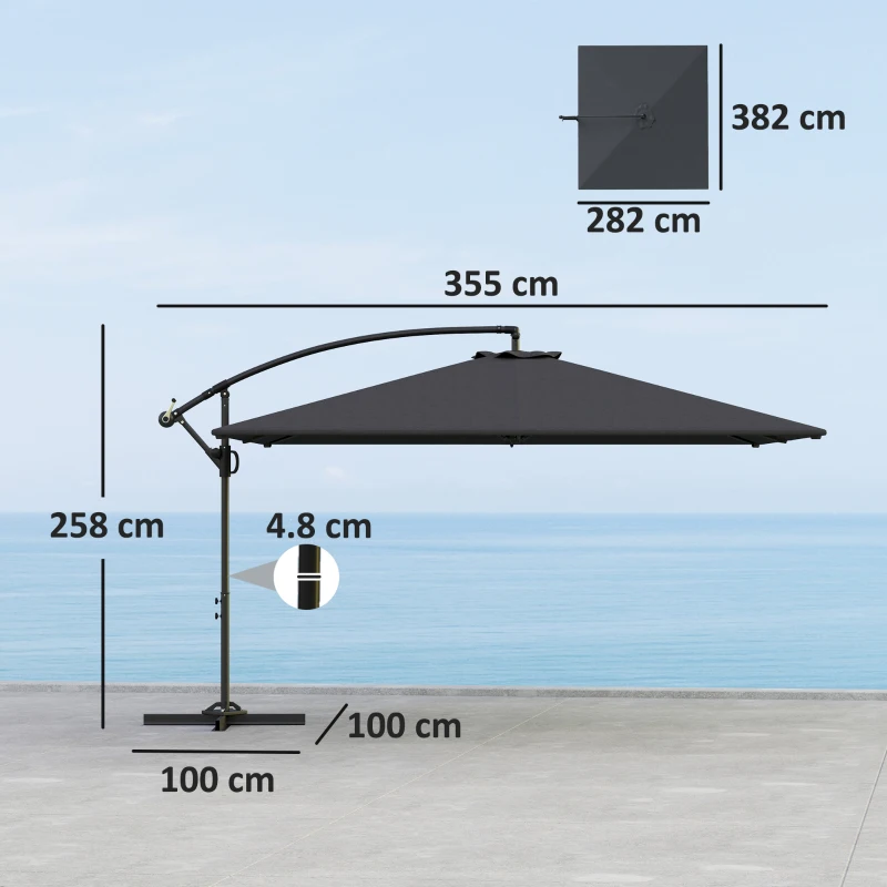 Outsunny Umbrelă de grădină cu braț 2.8x3.8 m, rotativă la 360° și înclinabilă, cu deschidere manuală, gri