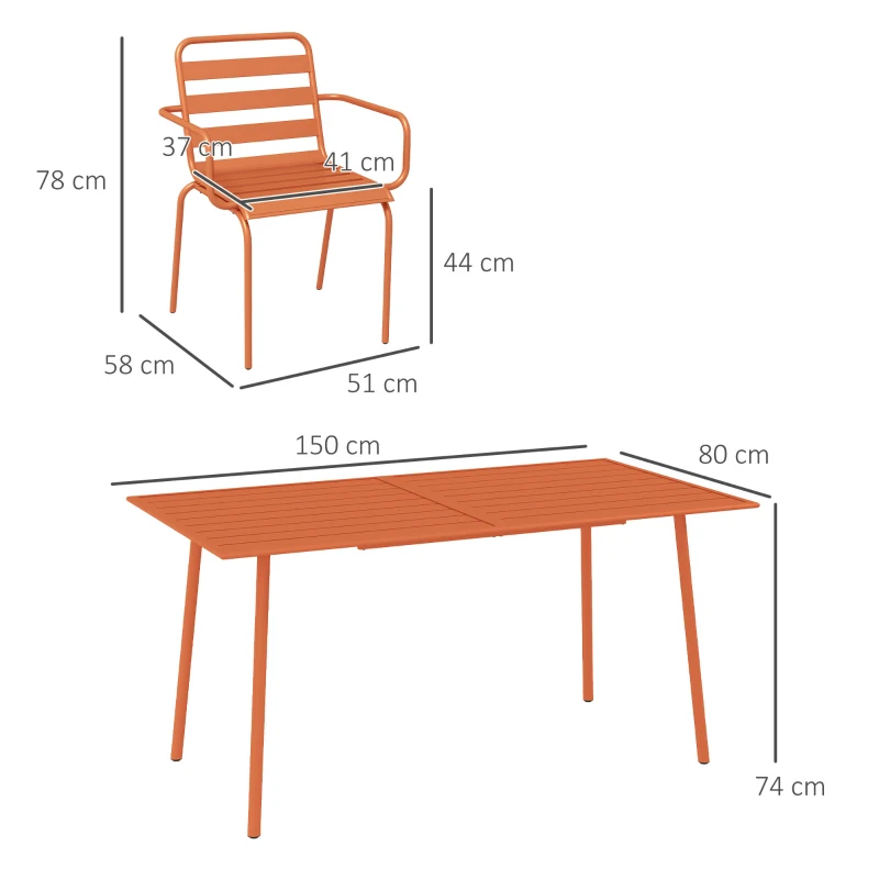 Outsunny Conjunto de jardim conjunto de jantar para jardim 7 peças com 1 mesa e 6 cadeiras empilháveis em aço vermelho