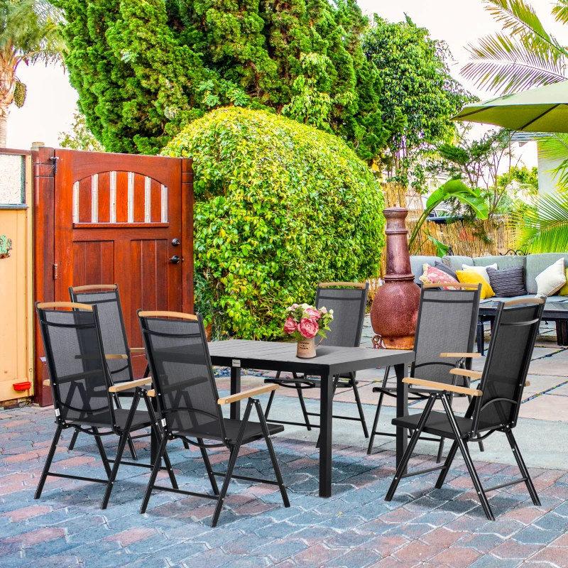 Outsunny Salon de jardin extérieur 6 personnes, cadre en aluminium, table 140 cm, 6 chaises pliables et inclinables, noir