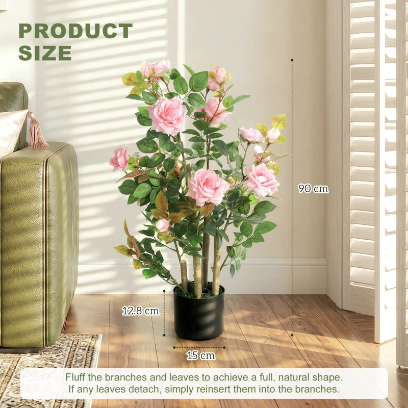 HOMCOM 90cm Artificial Rose Tree, Decorative Fake Plant with 344 Silk Leaves 17 Flowers for Outdoor Indoor Decor, Pink