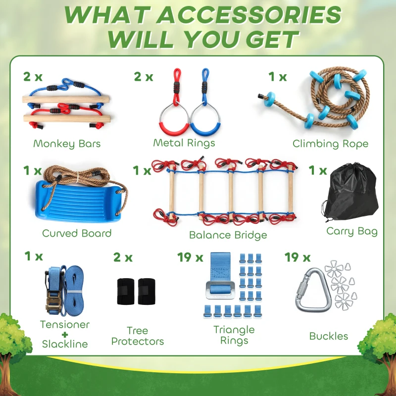 AIYAPLAY Ninja Line dla dzieci, zestaw 24 m Slackline z pierścieniami gimnastycznymi, 7 przeszkodami, mostem do balansowania, dla dzieci w wieku 3-6 lat, czerwony+niebieski