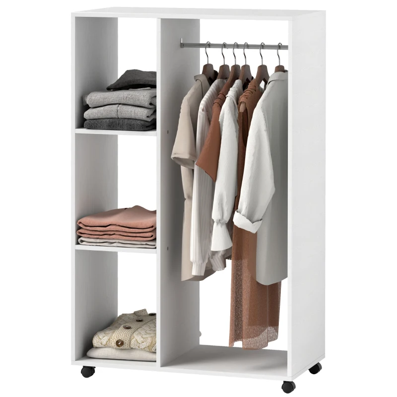 HOMCOM Kleiderschrank auf Rollen, mobile Garderobe, Garderobenschrank, Rollbarer Kleiderständer, 80 x 40 x 128 cm, Weiß(m-10)