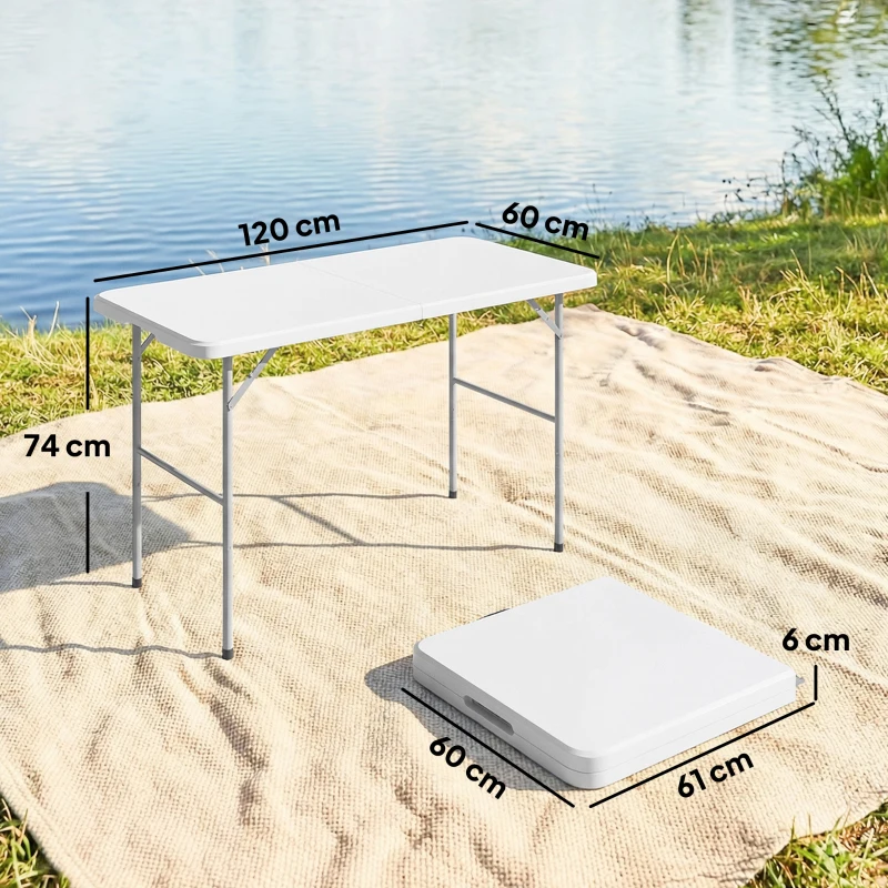 Outsunny Masă de Camping Pliabilă cu 2 Înălțimi și Mâner, din HDPE, 120x60x74 cm, Alb