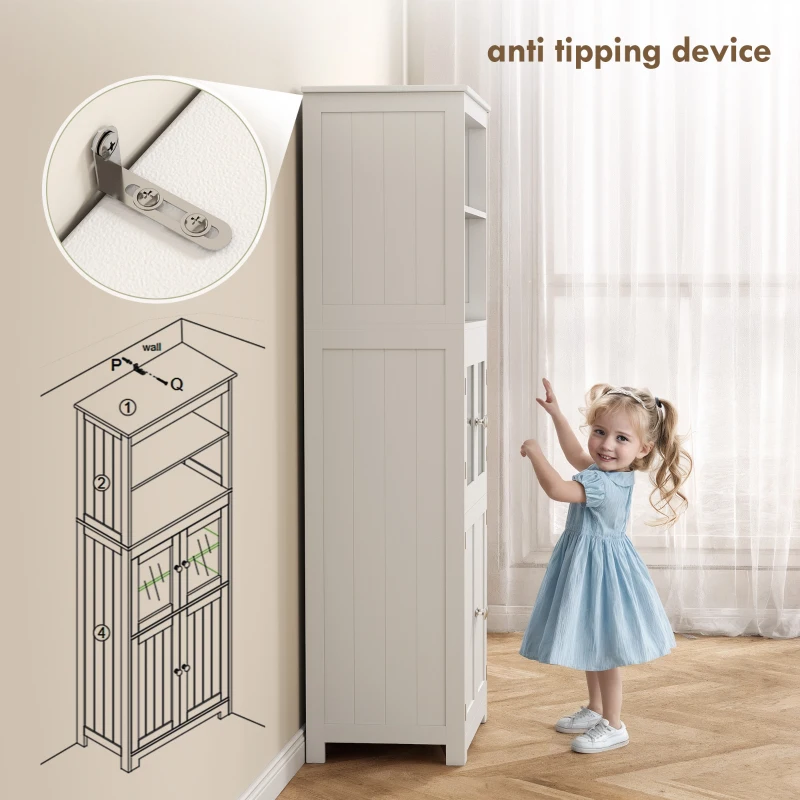 HOMCOM Freestanding Kitchen Cupboard, 4-Door Storage Cabinet with Adjustable Shelf and Glass Doors for Dining Room, Living Room, White