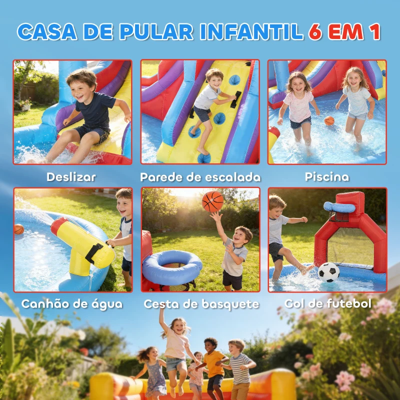AIYAPLAY Castelo Insuflável Aquático com Insuflador 550W Escorrega Parede de Escalada Piscina Aro de Basquetebol Baliza de Futebol