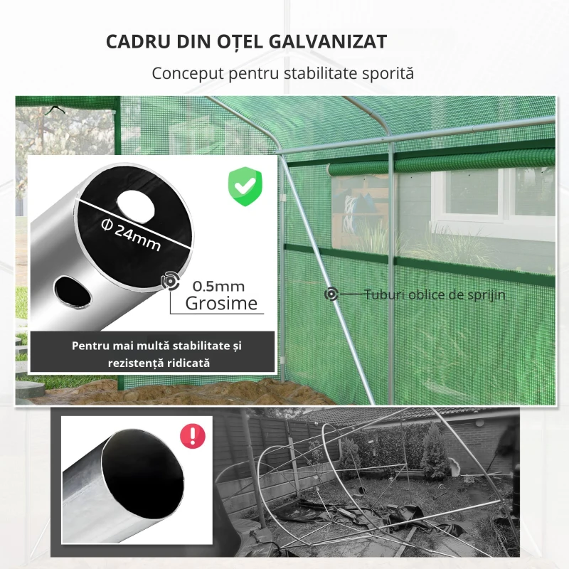 Outsunny Seră de grădină 4 x 3 x 2m cu uși rulabile și ferestre mari, seră tip tunel de grădină, verde