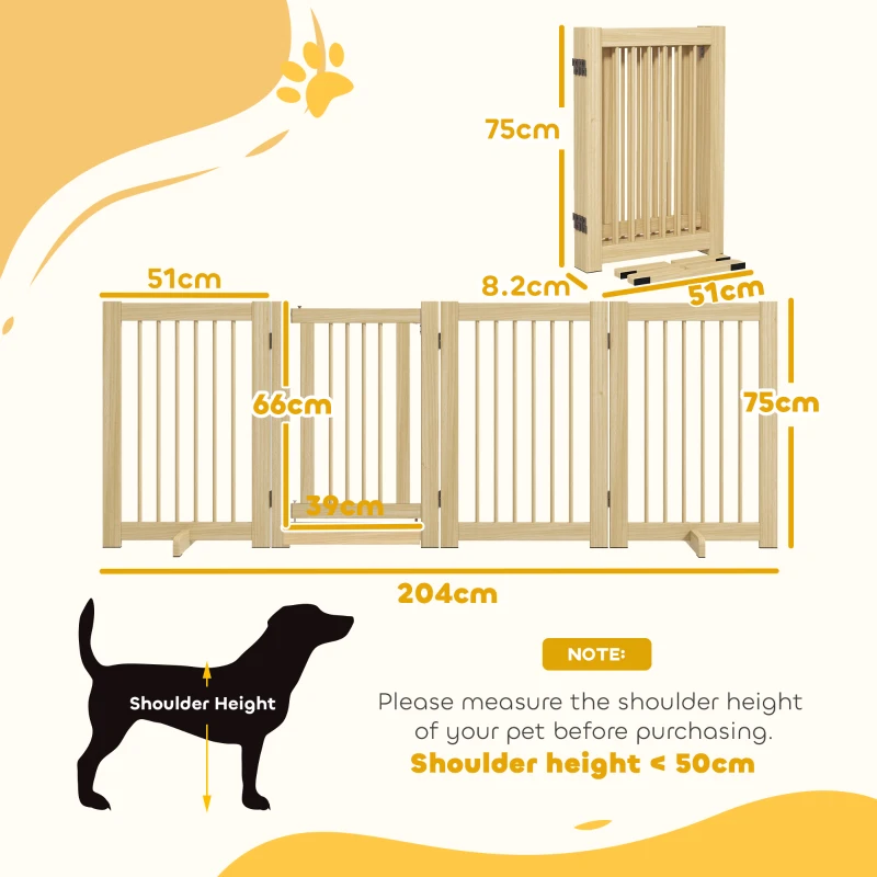 PawHut Grilaj independent pentru câini, 4 panouri, flexibil, lemn de pin, 204L x 36B x 75H cm, lemn natural