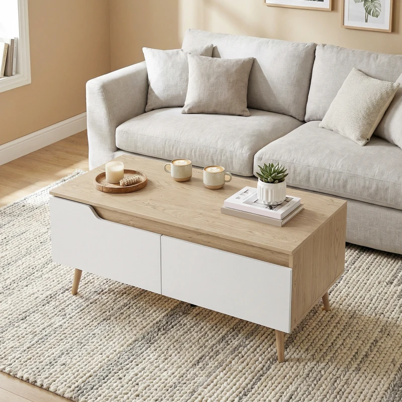 HOMCOM Table basse rectangulaire, table de salon moderne avec 2 tiroirs, 5 pieds en bois de pin, 100x50x46cm, chêne et blanc