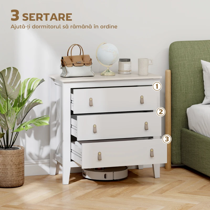 HOMCOM Comodă pentru dormitor cu 3 sertare și mânere din piele sintetică, 80x40x78,5 cm, albă