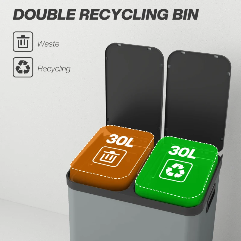 HOMCOM Kosz na śmieci 2 x 30L, pedał, pokrywka, metalowy wnętrze