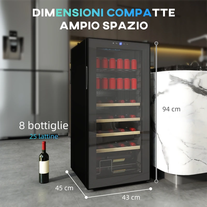 HOMCOM Cantinetta Frigo per Vino da 92L con Ripiani Regolabili per 20 Bottiglie e 50 Lattine, 43x45x94 cm, Nero
