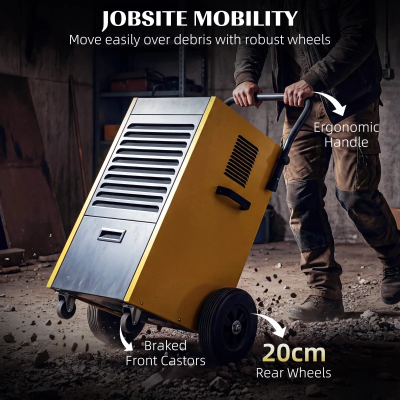 DURHAND Przemysłowy osuszacz powietrza 70L/dzień z kołami i uchwytem, wężem odpływowym, timerem 24-godzinnym, zbiornikiem 5,5L, żółty