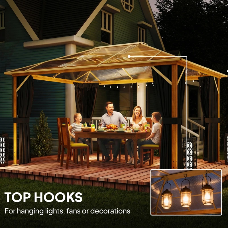 Outsunny Pawilon ogrodowy 4x3m aluminiowy z dachem z poliwęglanu 6 mm, moskitiera, 4 zasłony, imitacja drewna, naturalne drewno