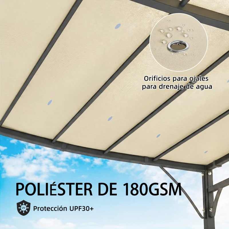 Outsunny Pérgola de Pared 2,5x3,5 m con Techo Inclinado Orificios de Drenaje y Estructura Metálica Blanco Crema