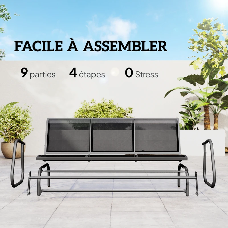 Outsunny Banc à Bascule de Jardin 3 Places Design Contemporain Grand Confort accoudoirs Assise et Dossier Ergonomique Acier textilène Noir