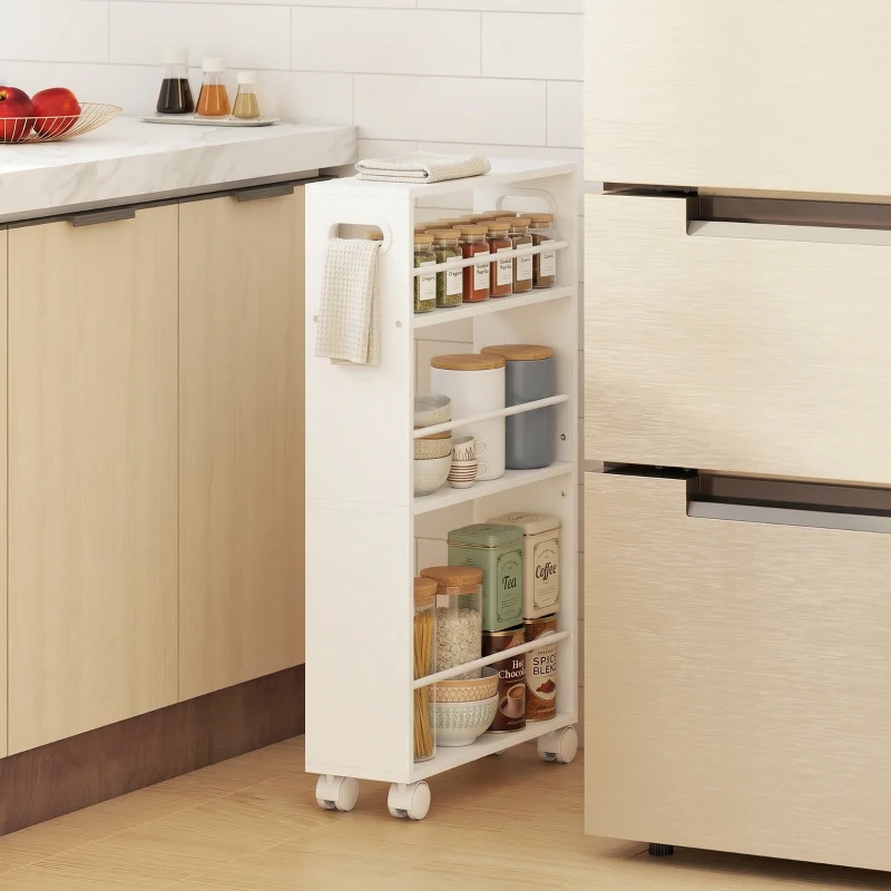 HOMCOM Carrello da Cucina e Bagno Salvaspazio a 3 Livelli con Barre Laterali e Ruote con Freni, Bianco