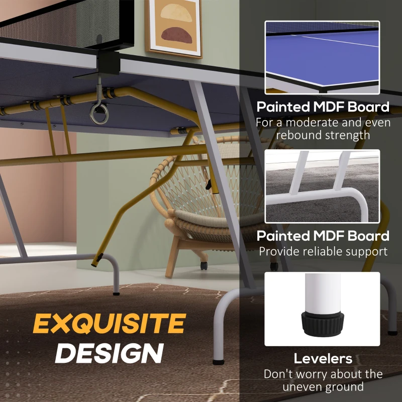 SPORTNOW Stół do tenisa stołowego, składany, w zestawie 2 rakietki, 3 piłeczki, siatka, do wnętrz, metalowa konstrukcja, 274x152x76 cm, niebieski