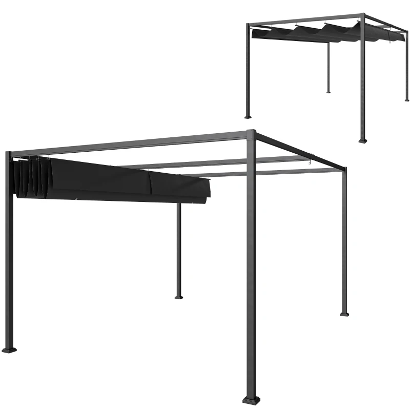 Outsunny Pergolă 3x2 m cu Acoperiș Retractabil, Orificii de Drenaj, Țepușe și Șuruburi, Pergolă de Grădină din Poliester și Metal, pentru Terasă, Curte, Exterior, Negru
