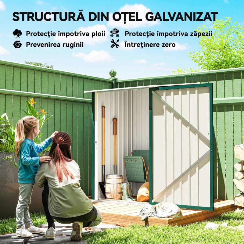 Outsunny Magazie de Grădină 0,92m² din Oțel Galvanizat, Depozit Unelte cu Ușă Blocabilă, Acoperiș Înclinat, 100x104x160 cm, Verde