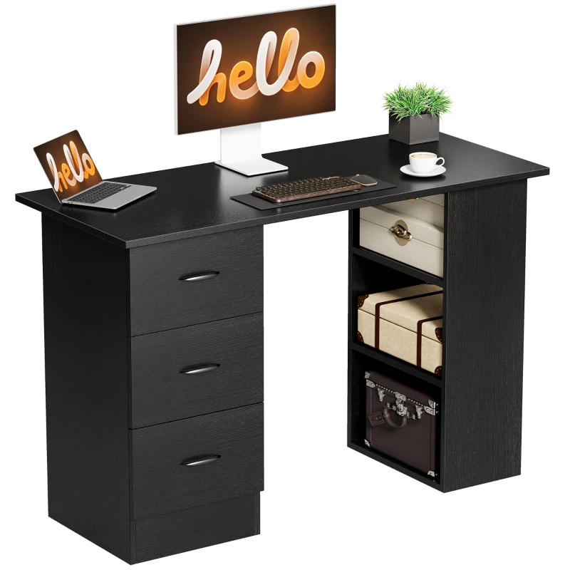 HOMCOM Computer Desk, Writing Table, PC Workstation with 3 Storage Shelves and Drawers, Handle, for Home Office, Black