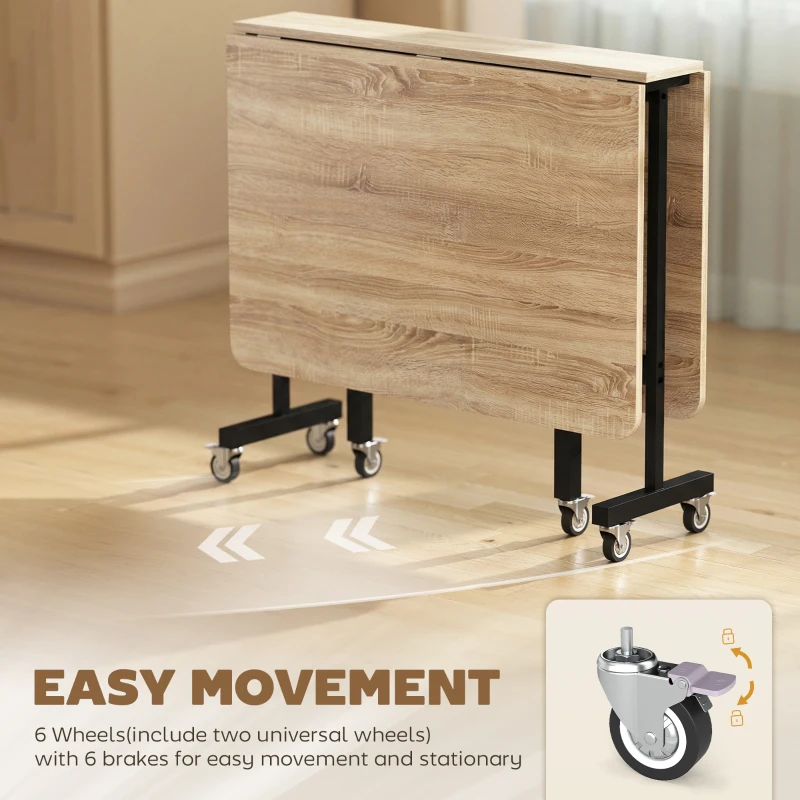 HOMCOM Mobilny Stół Składany z 6 Kółkami i Hamulcami, Składany Stół Kuchenny do Małych Pomieszczeń, Dąb