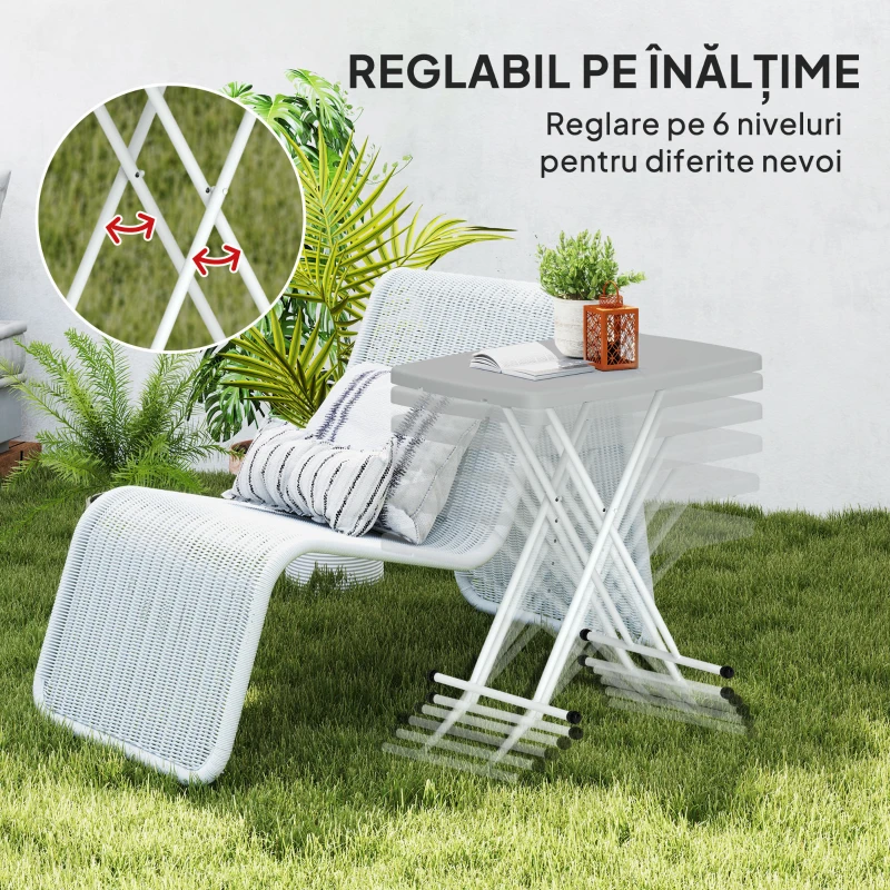 Outsunny Măsuță de Cafea Pliabilă, Reglabilă pe Înălțime și Portabilă, cu Blat HDPE și Cadru Metalic, 76x50x74 cm, Alb