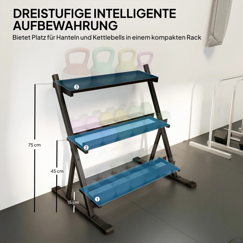 SPORTNOW Verstellbarer Dreistöckiger Hantelständer Max. 200kg Rutschfest Kurzhantelständer mit Verstellbare Stangen