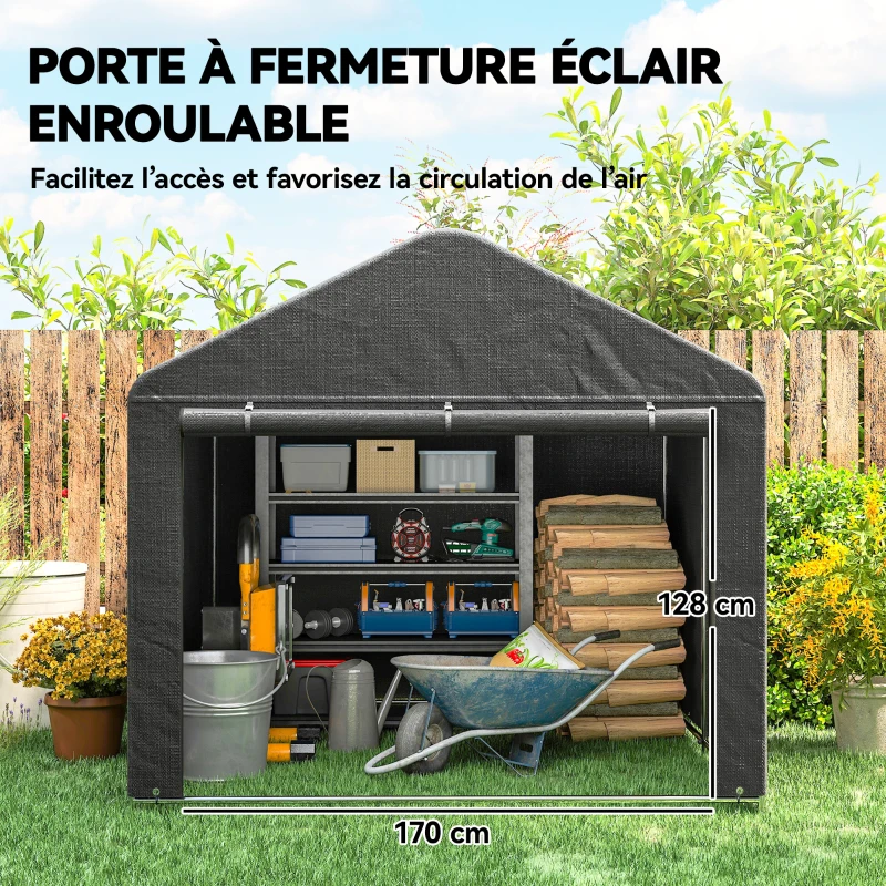 Outsunny Abri de jardin tente de stockage imperméable abri moto porte enroulable fermeture éclair, 200 x 238 x 183 cm, gris foncé