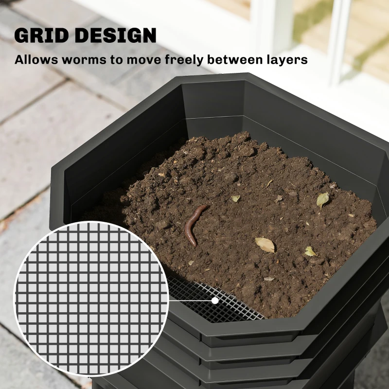 Outsunny Kompostownik 28 litrów, 39 x 39 x 51,5 cm szybki kompostownik z tackami, termokompostownik ciemnoszary