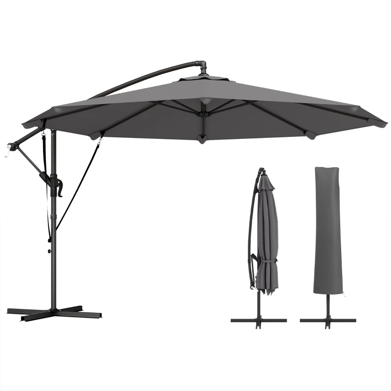 Outsunny Parasol Excéntrico Ø300 cm con Base Cruzada Manivela Funda Protectora y Cuerdas de Viento UPF30+ Gris Oscuro