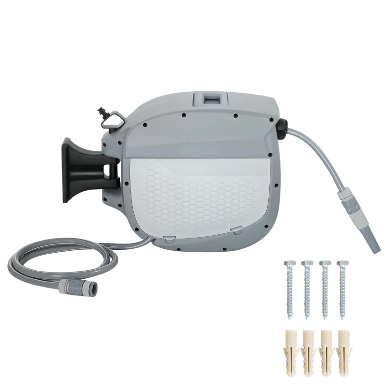 Outsunny Carrete de Manguera Retráctil 20+1,9 m con Boquilla de 2 Modos Bloqueo Automático y Retracción Controlada Soporte Gris